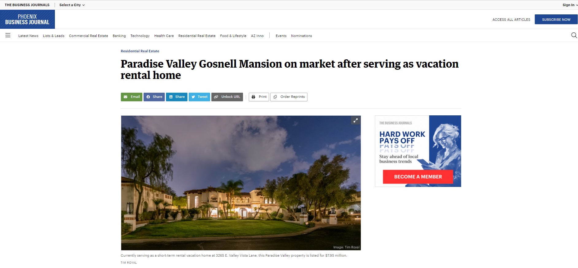 Phoenix Business Journal: Paradise Valley Gosnell Mansion on market