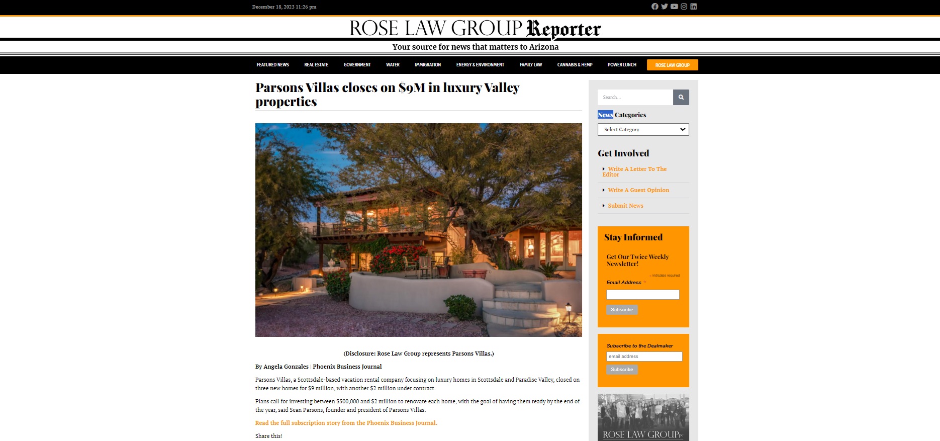 Rose Law Group – Parsons Villas closes on $9M in luxury Valley properties
